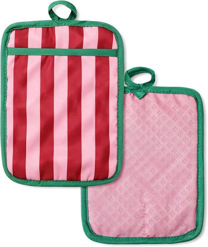 2Pcs Green Pink Stripe Pot Holders Heat Resistant Cute Cotton Hot Pad Non-Slip Potholder Oven Mitt Trivet Mat for Kitchen Cooking Baking Supplies