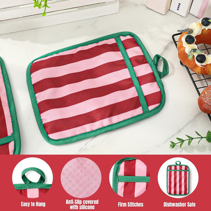2Pcs Green Pink Stripe Pot Holders Heat Resistant Cute Cotton Hot Pad Non-Slip Potholder Oven Mitt Trivet Mat for Kitchen Cooking Baking Supplies