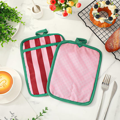 2Pcs Green Pink Stripe Pot Holders Heat Resistant Cute Cotton Hot Pad Non-Slip Potholder Oven Mitt Trivet Mat for Kitchen Cooking Baking Supplies