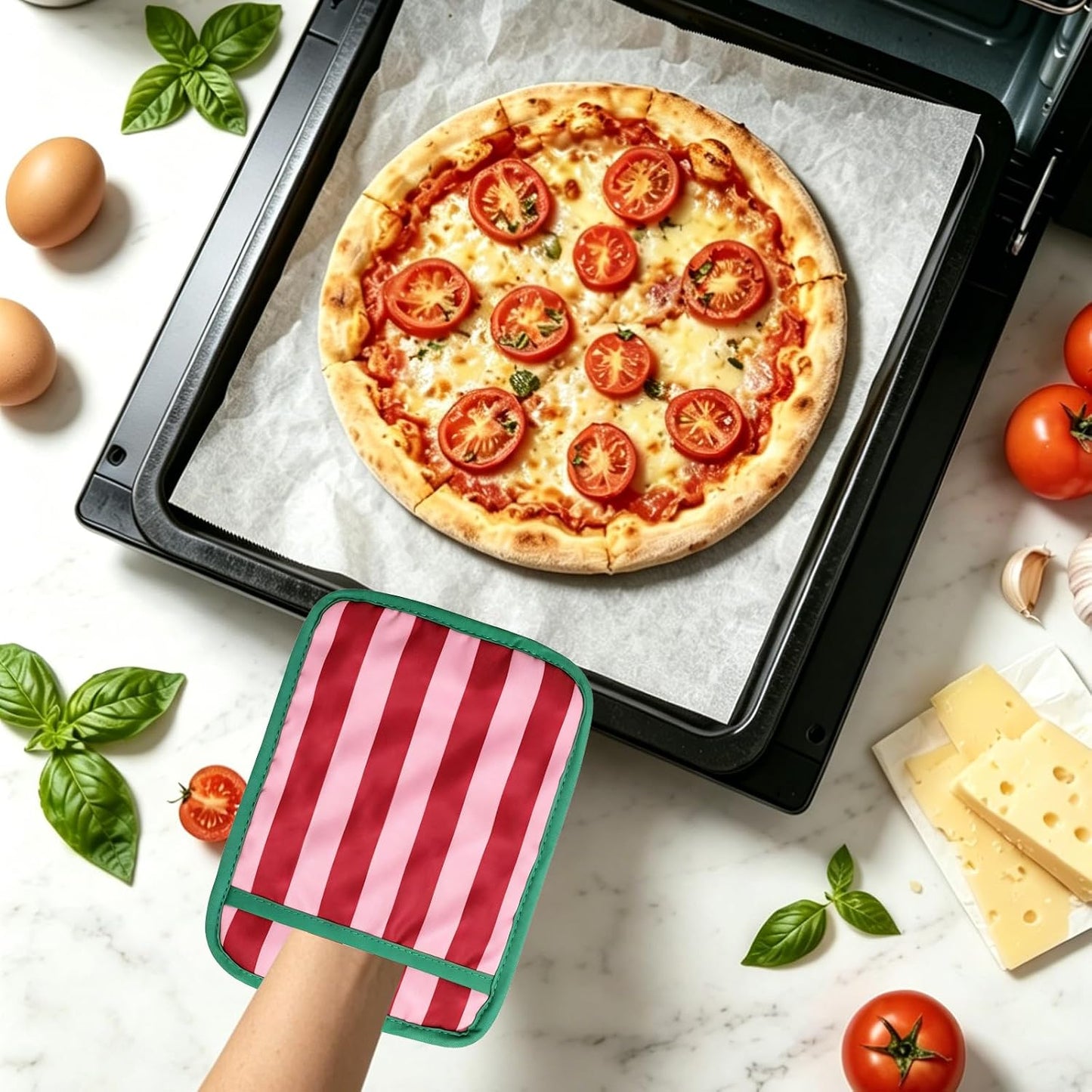2Pcs Green Pink Stripe Pot Holders Heat Resistant Cute Cotton Hot Pad Non-Slip Potholder Oven Mitt Trivet Mat for Kitchen Cooking Baking Supplies