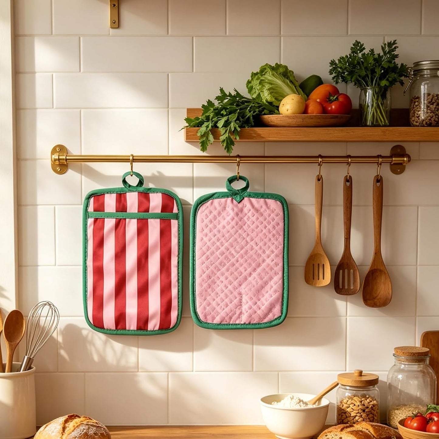 2Pcs Green Pink Stripe Pot Holders Heat Resistant Cute Cotton Hot Pad Non-Slip Potholder Oven Mitt Trivet Mat for Kitchen Cooking Baking Supplies