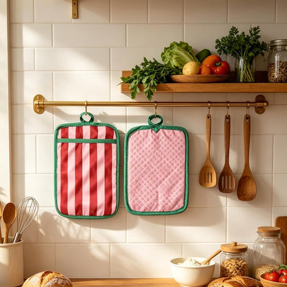 2Pcs Green Pink Stripe Pot Holders Heat Resistant Cute Cotton Hot Pad Non-Slip Potholder Oven Mitt Trivet Mat for Kitchen Cooking Baking Supplies