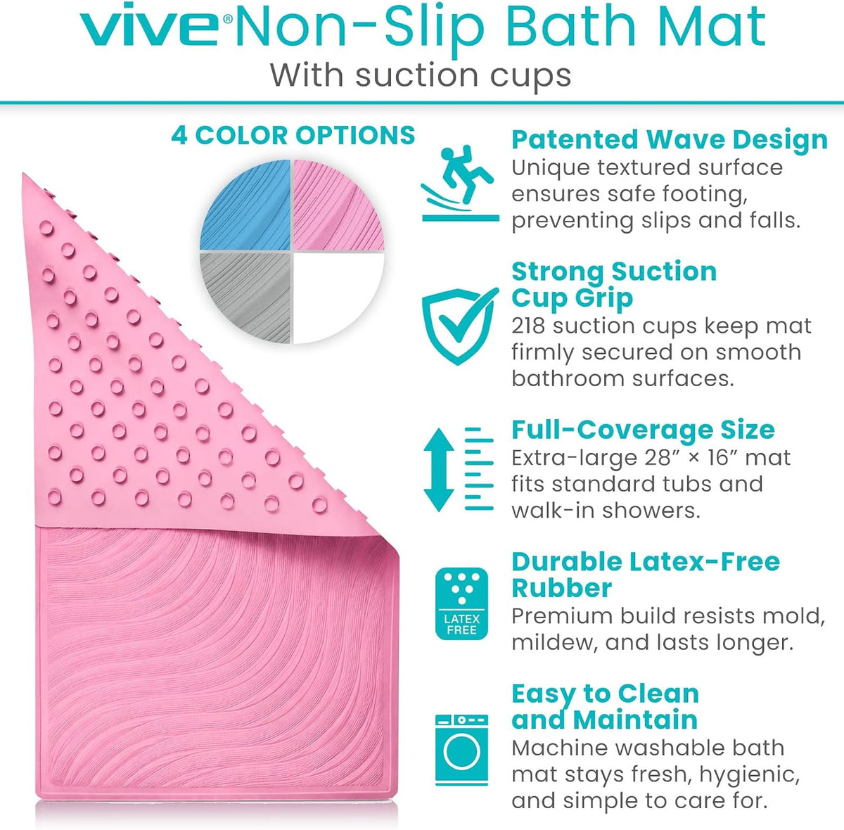 Non-Slip Bath Mat with Suction Cups - 28" x 16" Extra Large Rubber Mat