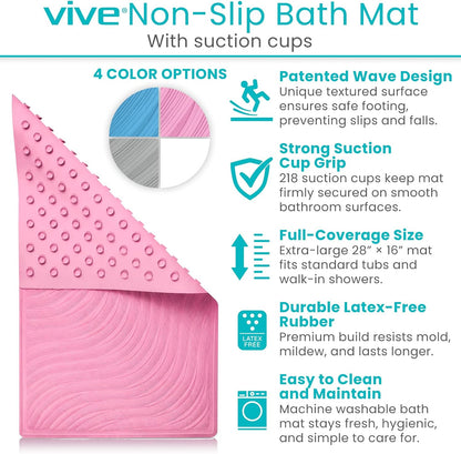 Non-Slip Bath Mat with Suction Cups - 28" x 16" Extra Large Rubber Mat