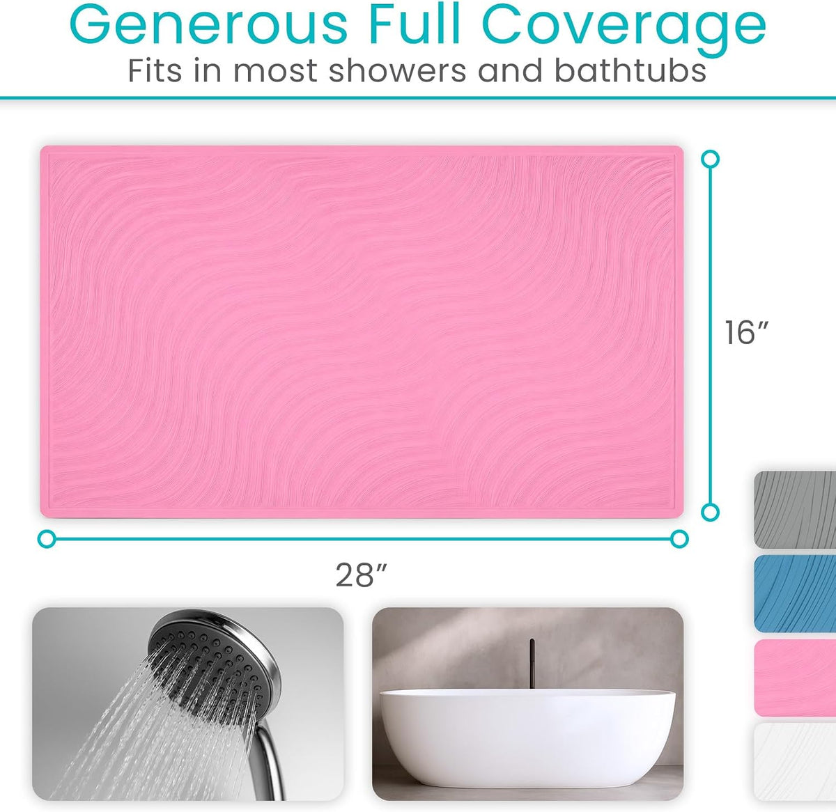 Non-Slip Bath Mat with Suction Cups - 28" x 16" Extra Large Rubber Mat