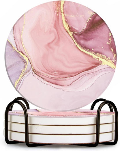 Drink Coasters Set of 4 with Holder Round Water Absorbent Pink Cute Marble Ceramic Coasters Tabletop Protection, Suitable for Various Mugs, Home Decor，Housewarming Gift, 4 Inch