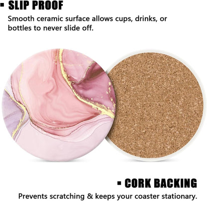 Drink Coasters Set of 4 with Holder Round Water Absorbent Pink Cute Marble Ceramic Coasters Tabletop Protection, Suitable for Various Mugs, Home Decor，Housewarming Gift, 4 Inch