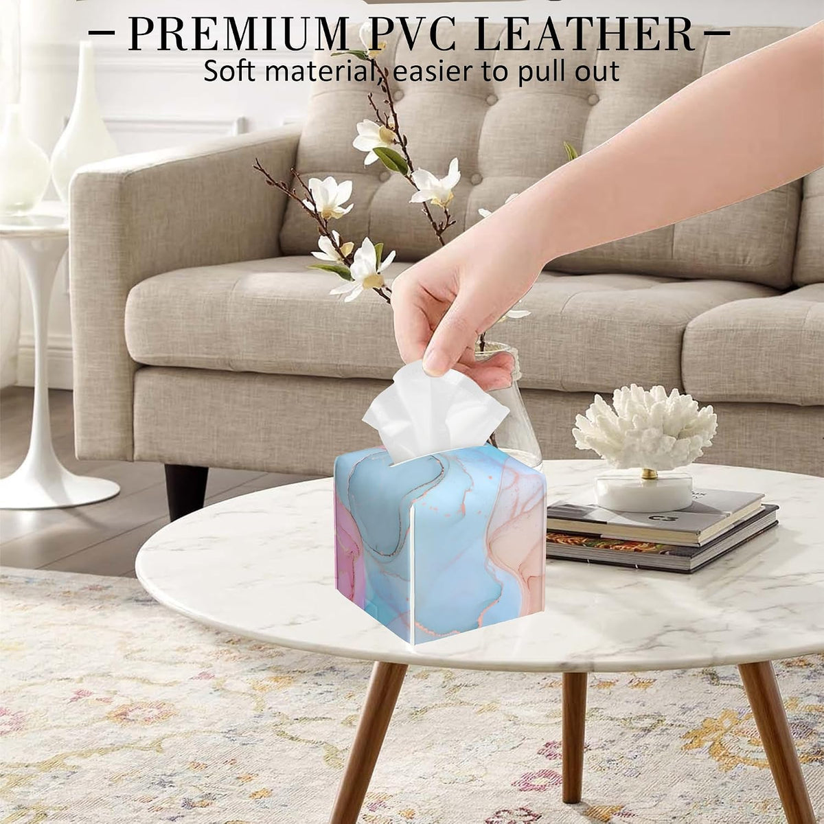 Fluid Art Tissue Box Holder Pink and Blue Marble Tissue Box Cover Square Leather Tissue Holder Organizer Portable Decorative Facial Paper Case for Home Office Bathroom Vanity Countertop