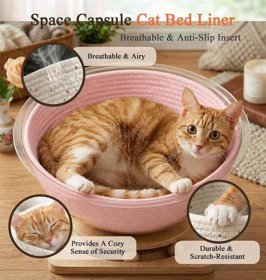 Cotton Rope Cat Bed Mat for Space Capsule, 15.7" Breathable Round Nest Liner, All-Season Warm & Cooling Pet Pad, Washable Scratch-Resistant Bedding for Cat Tree & Clear Bowl (Pink)