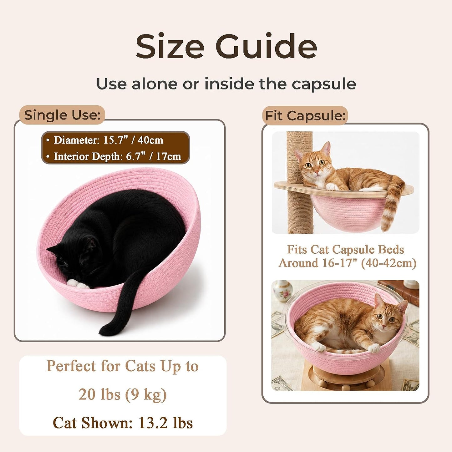 Cotton Rope Cat Bed Mat for Space Capsule, 15.7" Breathable Round Nest Liner, All-Season Warm & Cooling Pet Pad, Washable Scratch-Resistant Bedding for Cat Tree & Clear Bowl (Pink)