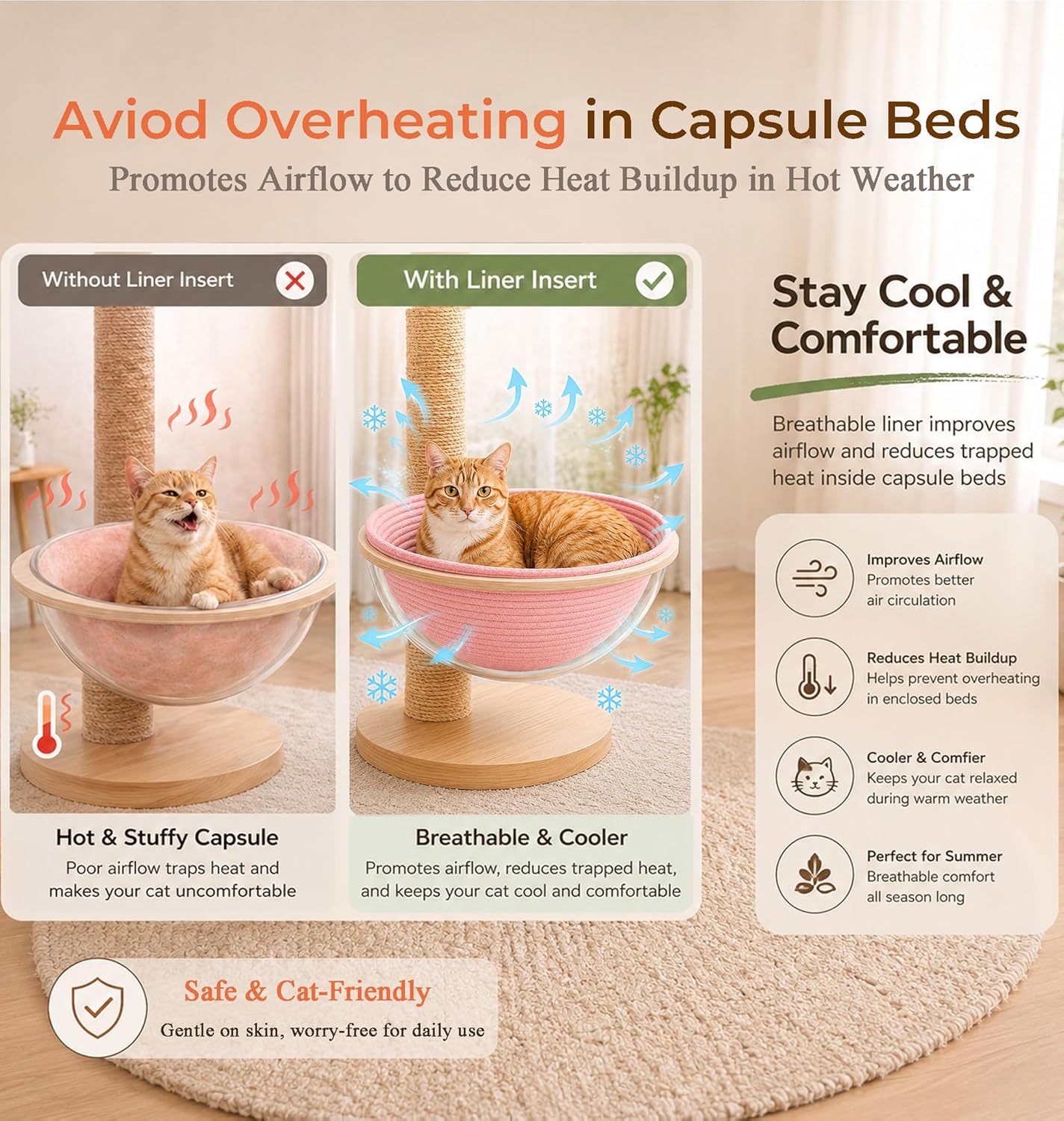 Cotton Rope Cat Bed Mat for Space Capsule, 15.7" Breathable Round Nest Liner, All-Season Warm & Cooling Pet Pad, Washable Scratch-Resistant Bedding for Cat Tree & Clear Bowl (Pink)
