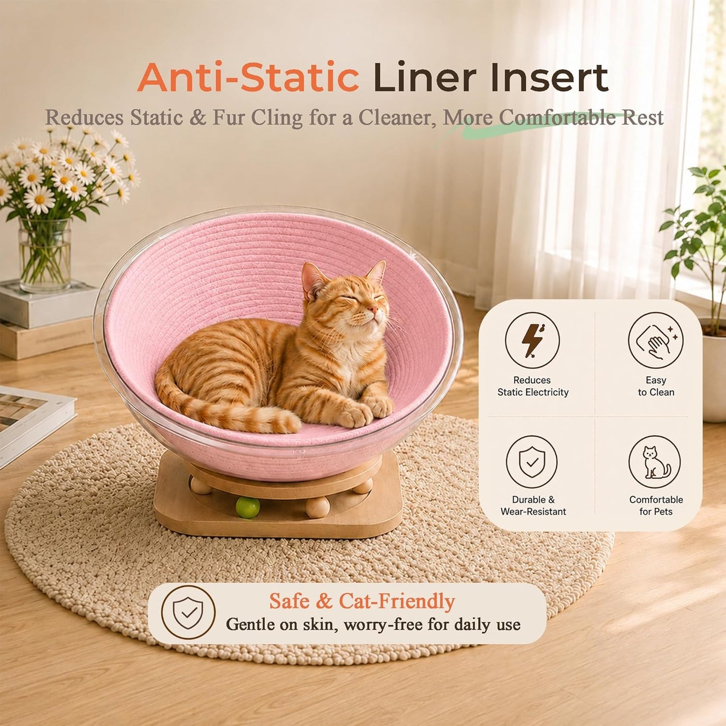 Cotton Rope Cat Bed Mat for Space Capsule, 15.7" Breathable Round Nest Liner, All-Season Warm & Cooling Pet Pad, Washable Scratch-Resistant Bedding for Cat Tree & Clear Bowl (Pink)