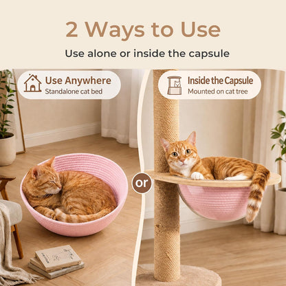 Cotton Rope Cat Bed Mat for Space Capsule, 15.7" Breathable Round Nest Liner, All-Season Warm & Cooling Pet Pad, Washable Scratch-Resistant Bedding for Cat Tree & Clear Bowl (Pink)