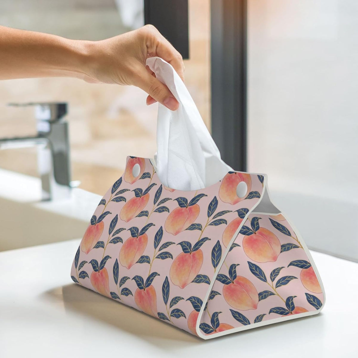 Peach Tissue Box Cover Holder Rectangle Leather Tissue Cover for Car, Waterproof Tissue Box Holder for Office, Bathroom, Bedroom