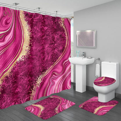 4PCS Pink Gold Marble Bathroom Sets with Shower Curtain and Rugs
