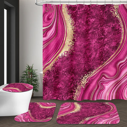 4PCS Pink Gold Marble Bathroom Sets with Shower Curtain and Rugs