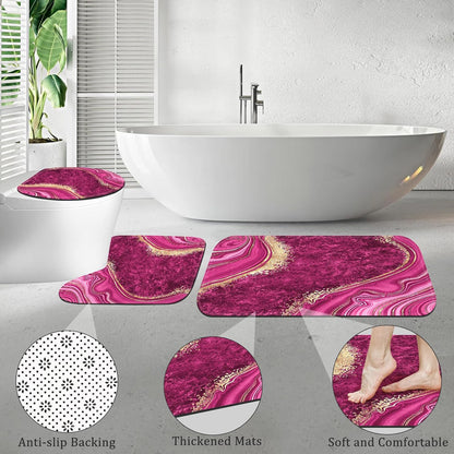4PCS Pink Gold Marble Bathroom Sets with Shower Curtain and Rugs