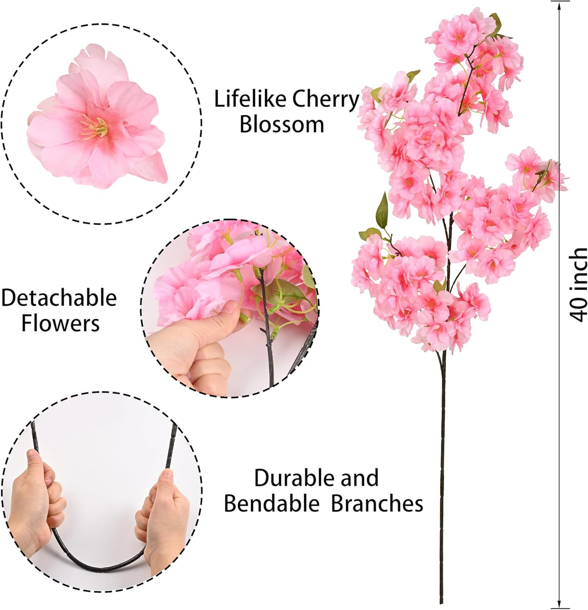 3 Pcs Artificial Cherry Blossom Branches 40'' Cherry Blossom Tree Decor