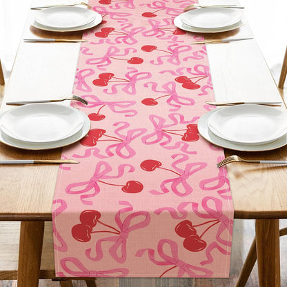 Coquette Pink Bow Cherry Dining Table Runner, Ribbon Fruit Preppy