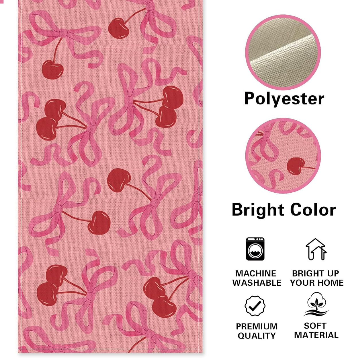 Coquette Pink Bow Cherry Dining Table Runner, Ribbon Fruit Preppy