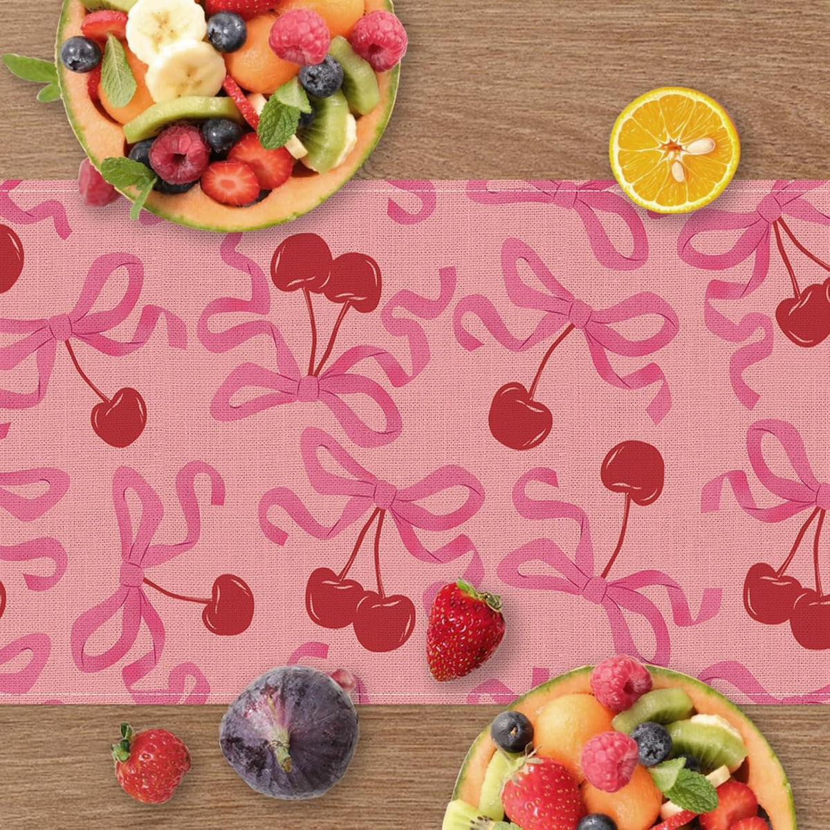 Coquette Pink Bow Cherry Dining Table Runner, Ribbon Fruit Preppy