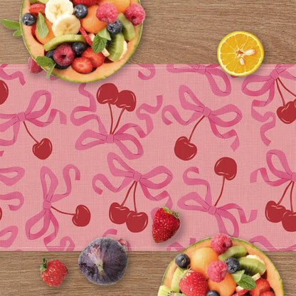 Coquette Pink Bow Cherry Dining Table Runner, Ribbon Fruit Preppy