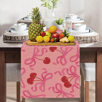 Coquette Pink Bow Cherry Dining Table Runner, Ribbon Fruit Preppy