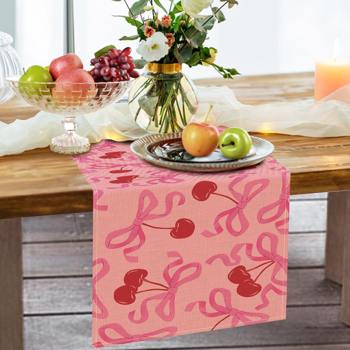 Coquette Pink Bow Cherry Dining Table Runner, Ribbon Fruit Preppy