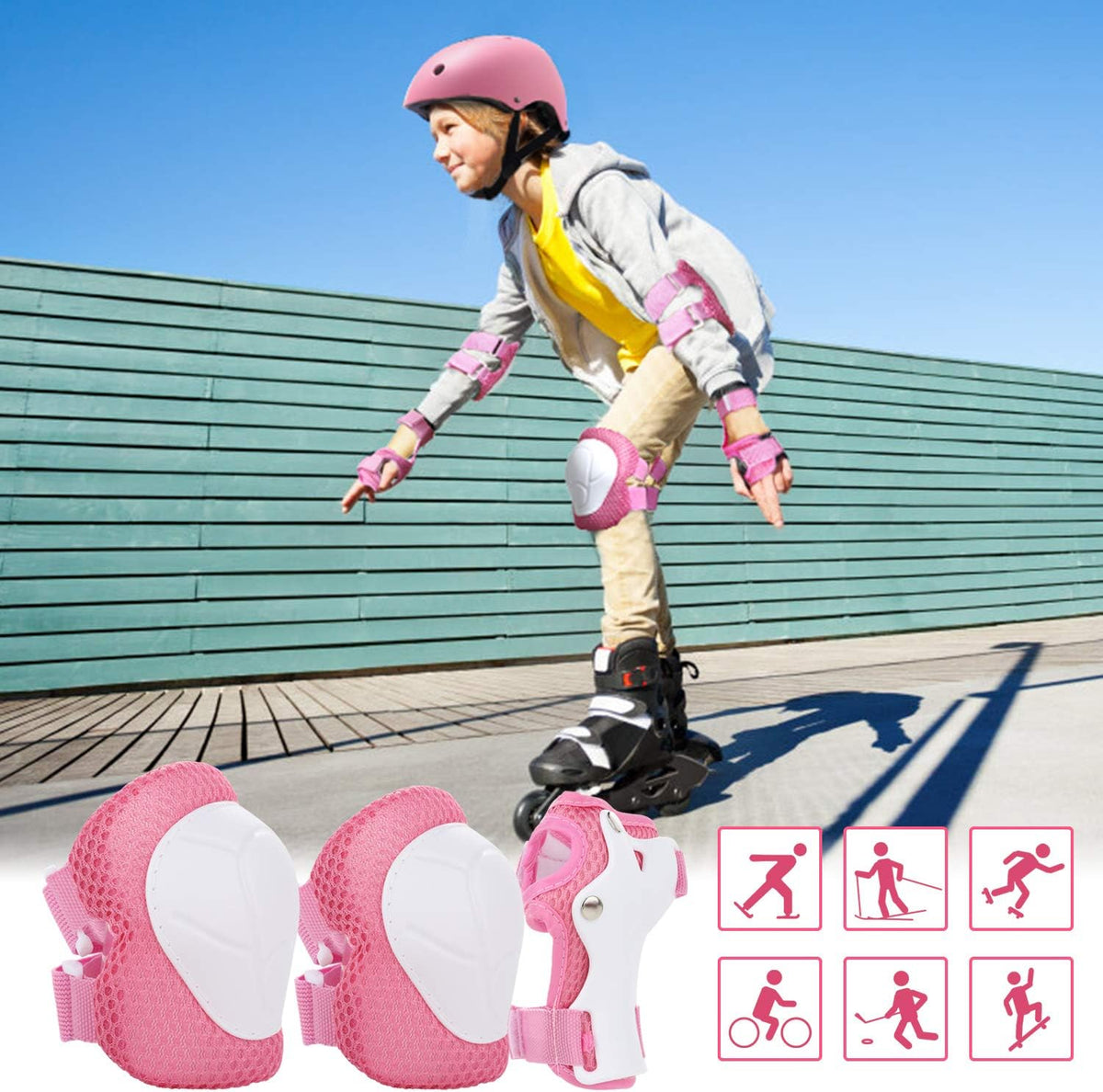 Kids Bike Helmet Set Knee Pads Adjustable Protective Gear, 3-14 Age
