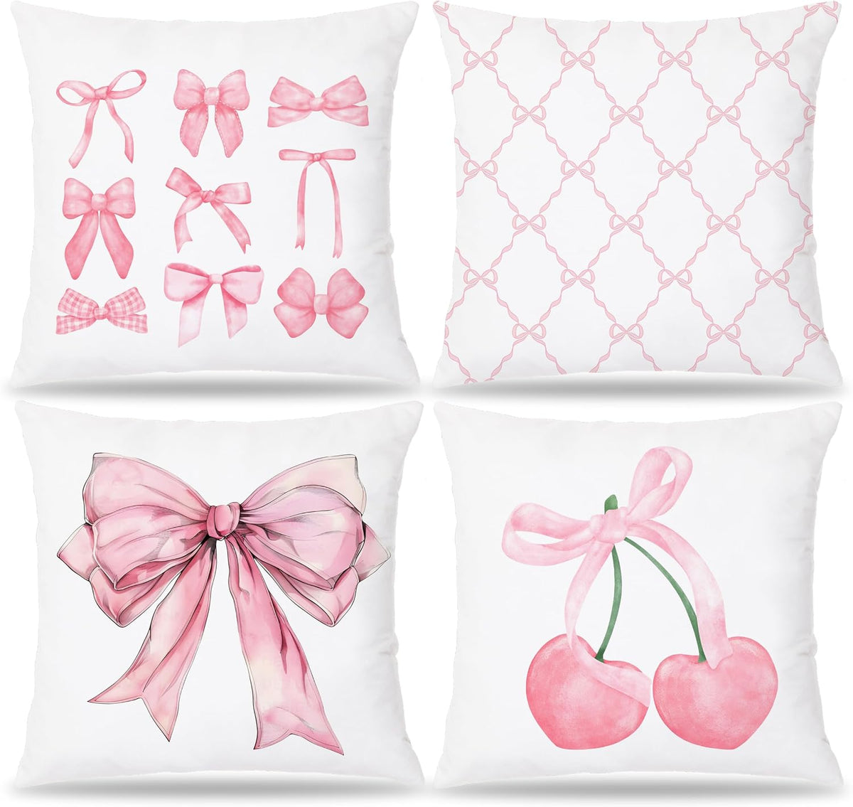 Pink Coquette Bow Pillow Covers 18x18 Set of 4, Room Decor With Cherry Heart Aesthetic, Girly Bedroom Stuff