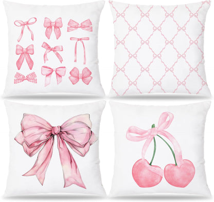 Pink Coquette Bow Pillow Covers 18x18 Set of 4, Room Decor With Cherry Heart Aesthetic, Girly Bedroom Stuff