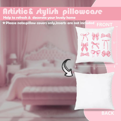 Pink Coquette Bow Pillow Covers 18x18 Set of 4, Room Decor With Cherry Heart Aesthetic, Girly Bedroom Stuff