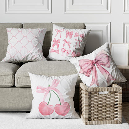 Pink Coquette Bow Pillow Covers 18x18 Set of 4, Room Decor With Cherry Heart Aesthetic, Girly Bedroom Stuff