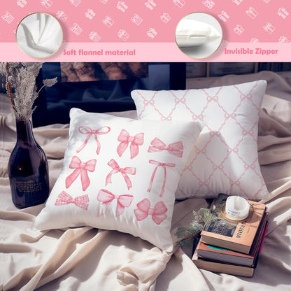 Pink Coquette Bow Pillow Covers 18x18 Set of 4, Room Decor With Cherry Heart Aesthetic, Girly Bedroom Stuff