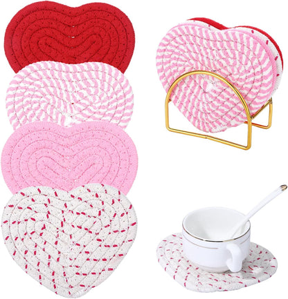 Pink Heart Coasters Set of 4, Handmade Braided Cotton Cute Coasters with Holder, Valentines Drink Accessories for Home Restaurant Tea Coffee Bar Decoration Mothers Day Teacher Nurse
