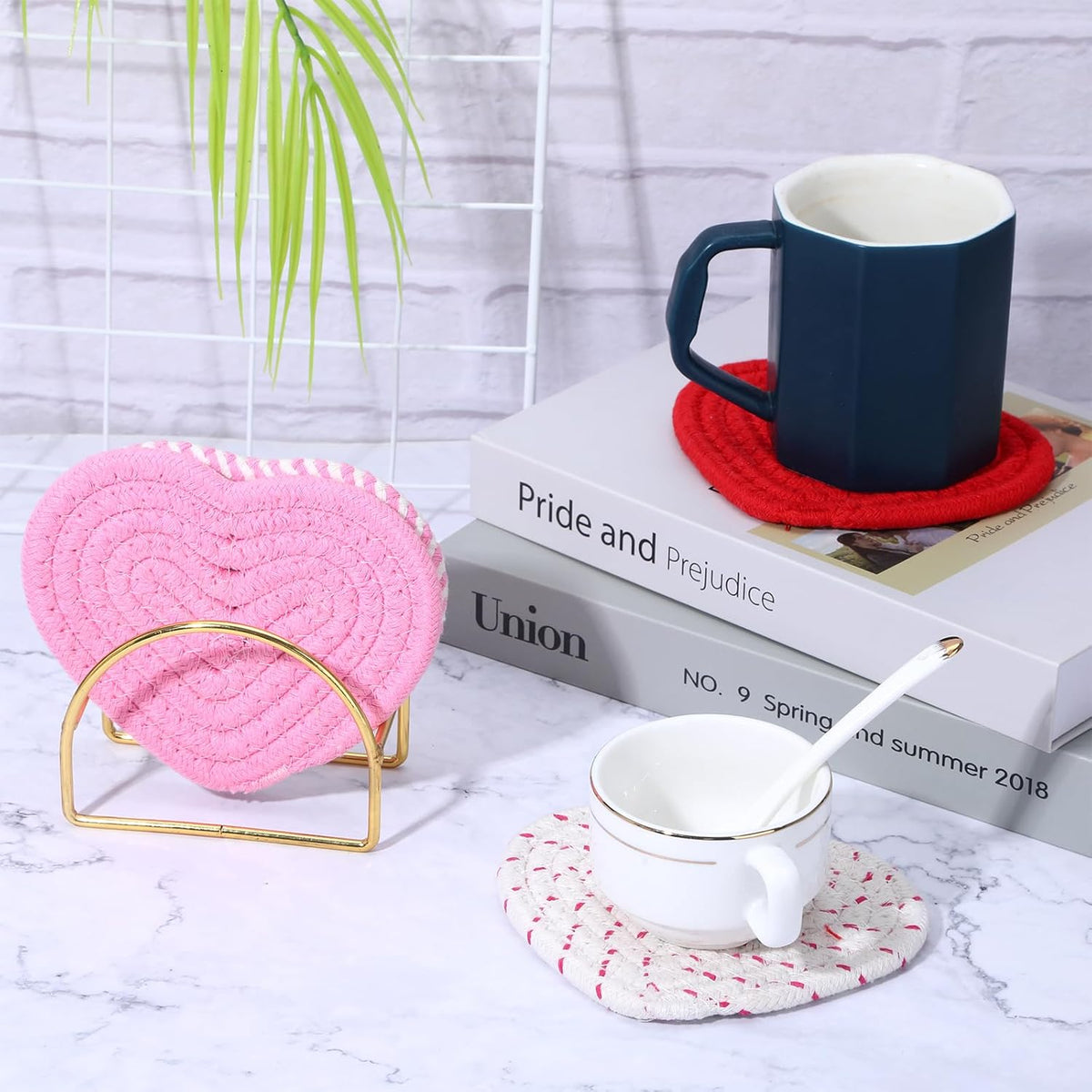 Pink Heart Coasters Set of 4, Handmade Braided Cotton Cute Coasters with Holder, Valentines Drink Accessories for Home Restaurant Tea Coffee Bar Decoration Mothers Day Teacher Nurse