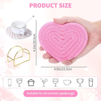 Pink Heart Coasters Set of 4, Handmade Braided Cotton Cute Coasters with Holder, Valentines Drink Accessories for Home Restaurant Tea Coffee Bar Decoration Mothers Day Teacher Nurse
