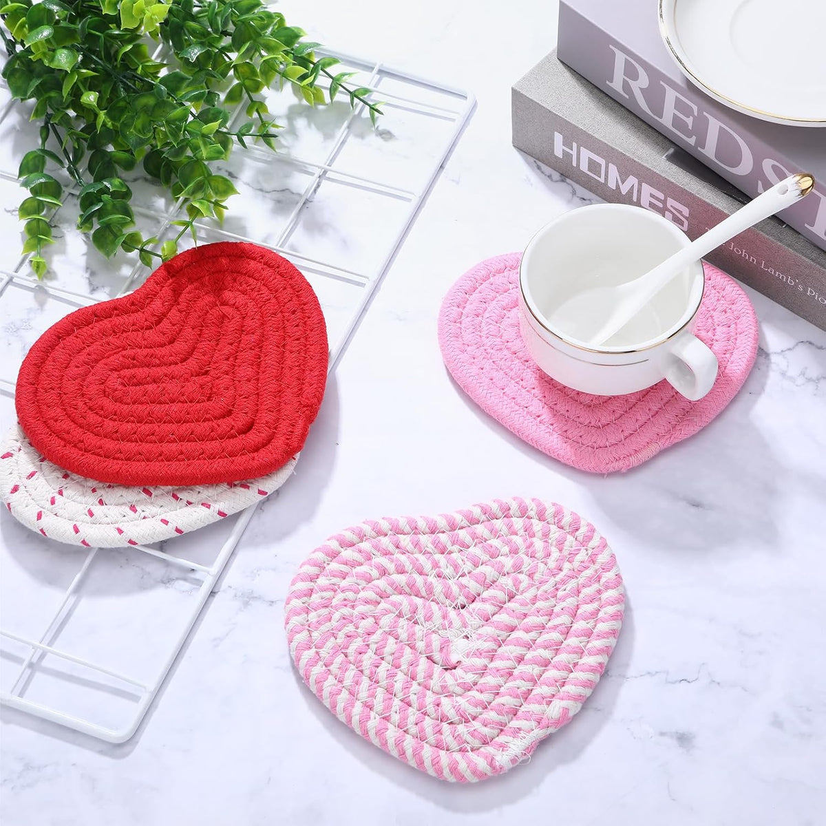 Pink Heart Coasters Set of 4, Handmade Braided Cotton Cute Coasters with Holder, Valentines Drink Accessories for Home Restaurant Tea Coffee Bar Decoration Mothers Day Teacher Nurse