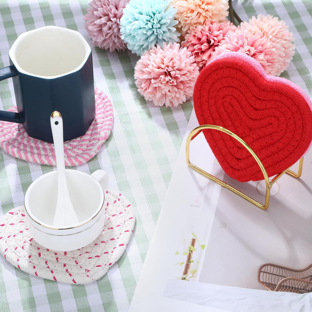 Pink Heart Coasters Set of 4, Handmade Braided Cotton Cute Coasters with Holder, Valentines Drink Accessories for Home Restaurant Tea Coffee Bar Decoration Mothers Day Teacher Nurse