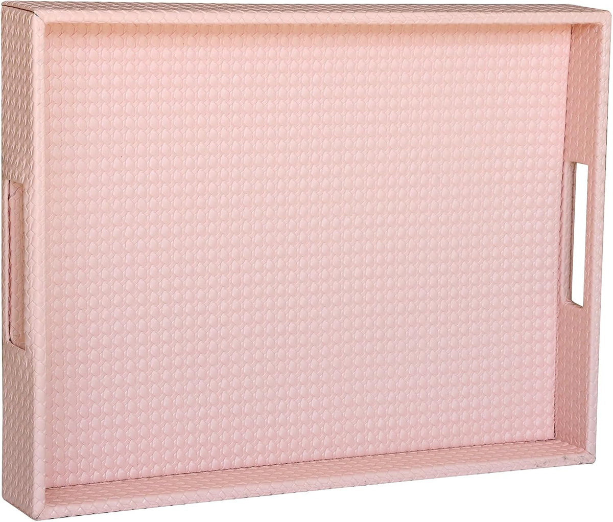 Rectangle Serving Tray with Hole Handles for Coffee Table, Breakfast, Tea, Food, Butler - Countertop, Kitchen, Vanity Serve Tray, 16.2 x 12.2 x 2 inches, Faux Leather (Pink)