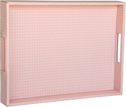 Rectangle Serving Tray with Hole Handles for Coffee Table, Breakfast, Tea, Food, Butler - Countertop, Kitchen, Vanity Serve Tray, 16.2 x 12.2 x 2 inches, Faux Leather (Pink)