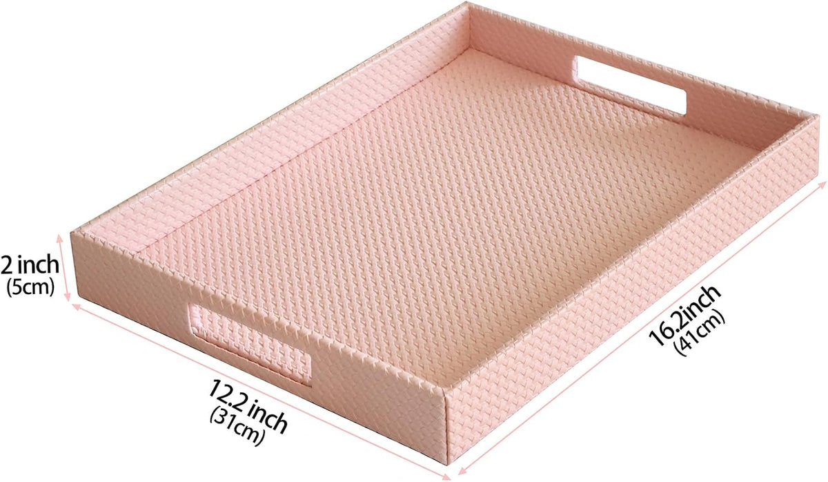 Rectangle Serving Tray with Hole Handles for Coffee Table, Breakfast, Tea, Food, Butler - Countertop, Kitchen, Vanity Serve Tray, 16.2 x 12.2 x 2 inches, Faux Leather (Pink)