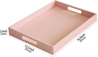 Rectangle Serving Tray with Hole Handles for Coffee Table, Breakfast, Tea, Food, Butler - Countertop, Kitchen, Vanity Serve Tray, 16.2 x 12.2 x 2 inches, Faux Leather (Pink)