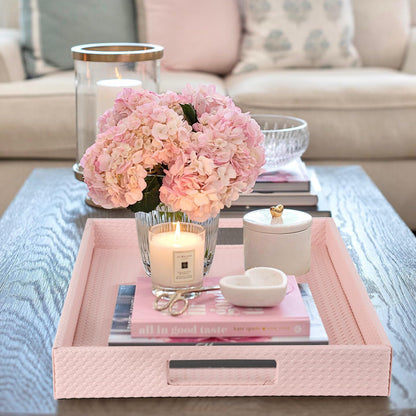 Rectangle Serving Tray with Hole Handles for Coffee Table, Breakfast, Tea, Food, Butler - Countertop, Kitchen, Vanity Serve Tray, 16.2 x 12.2 x 2 inches, Faux Leather (Pink)