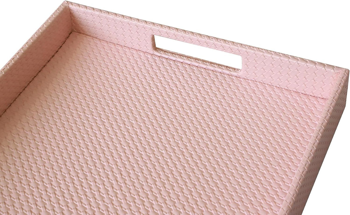 Rectangle Serving Tray with Hole Handles for Coffee Table, Breakfast, Tea, Food, Butler - Countertop, Kitchen, Vanity Serve Tray, 16.2 x 12.2 x 2 inches, Faux Leather (Pink)