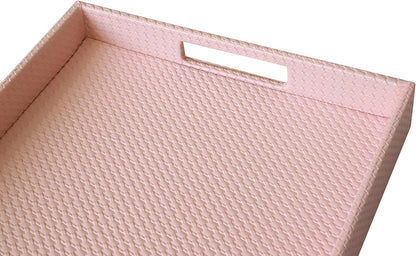 Rectangle Serving Tray with Hole Handles for Coffee Table, Breakfast, Tea, Food, Butler - Countertop, Kitchen, Vanity Serve Tray, 16.2 x 12.2 x 2 inches, Faux Leather (Pink)
