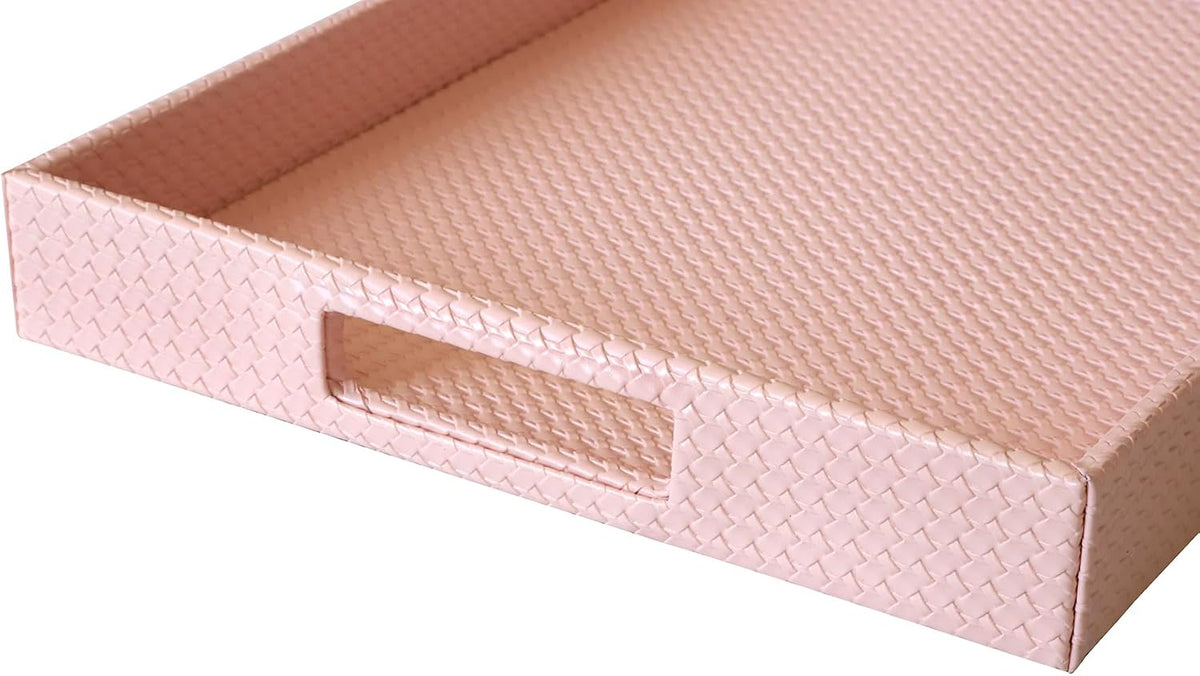 Rectangle Serving Tray with Hole Handles for Coffee Table, Breakfast, Tea, Food, Butler - Countertop, Kitchen, Vanity Serve Tray, 16.2 x 12.2 x 2 inches, Faux Leather (Pink)