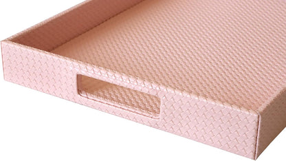Rectangle Serving Tray with Hole Handles for Coffee Table, Breakfast, Tea, Food, Butler - Countertop, Kitchen, Vanity Serve Tray, 16.2 x 12.2 x 2 inches, Faux Leather (Pink)