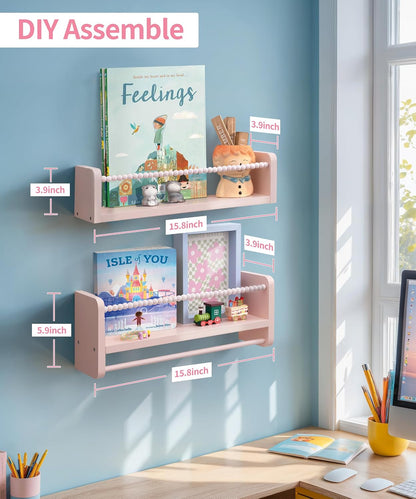 Nursery Book Shelves for Wall, Pink Floating Shelves Set of 3