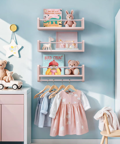 Nursery Book Shelves for Wall, Pink Floating Shelves Set of 3